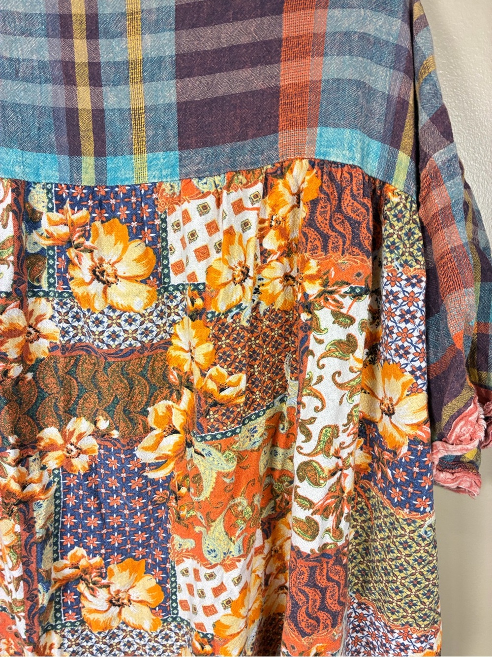 Oil & Hali Floral Patchwork Plaid V Neck Oversized Tunic Dress - Picture 12 of 14